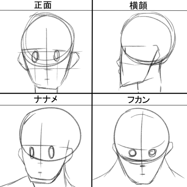正面の顔、横顔、ナナメ、フカン