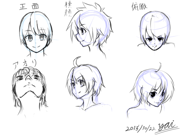 正面、煽り、俯瞰、横顔